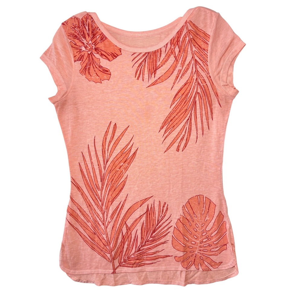 Te Verde Women Small Pink Tropical Hibiscus Monstera Slub Knit Cap Sleeve Tee